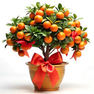 a potted orange tree with a bow on top Lucky trees for Chinese New Year