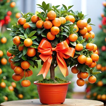 a potted orange tree with a bow on top Lucky trees for Chinese New Year