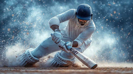 Cricket player striking the ball with dust clouds and dynamic action in a dramatic scene