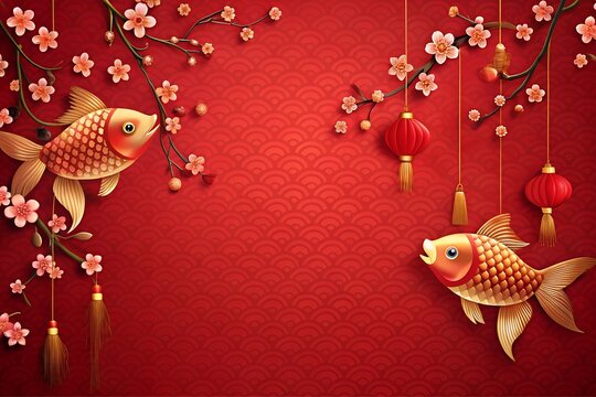 Chinese New Year greeting card decorated with plum blossoms and auspicious fish with traditional Chinese background pattern.