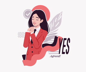 Ambitious brunette businesswoman yes, agree, accept, confident business success, achievement, lady in red suit, tie design art magazine, blog, graphic advertisement, digital social media illustration