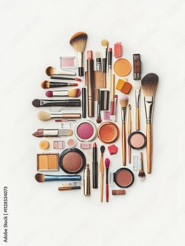 Poster Various makeup tools such as brushes, eyeshadows, lipsticks, and powders neatly displayed on a white surface with plenty of empty space. Generative AI