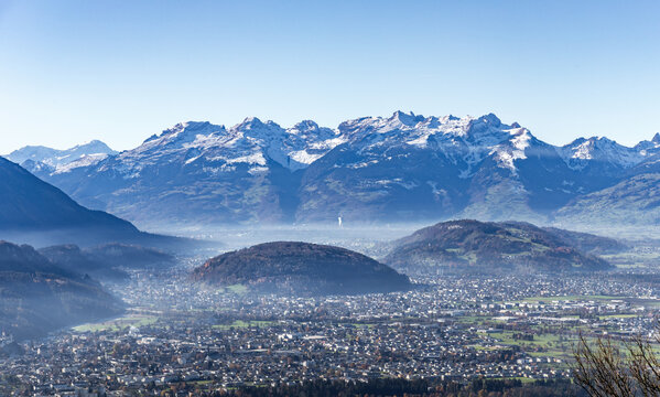 View from the Victor Mountain in Liechtenstein over the Rhine valley and the surrounding mountains
