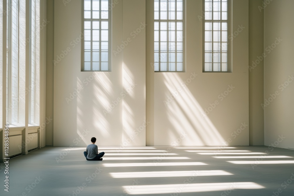 Poster a person sits quietly on the floor of a spacious gallery, illuminated by natural light filtering thr