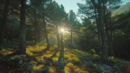 Obraz premium Sunlit Forest Path Majestic Cedars Tranquil Nature Scene