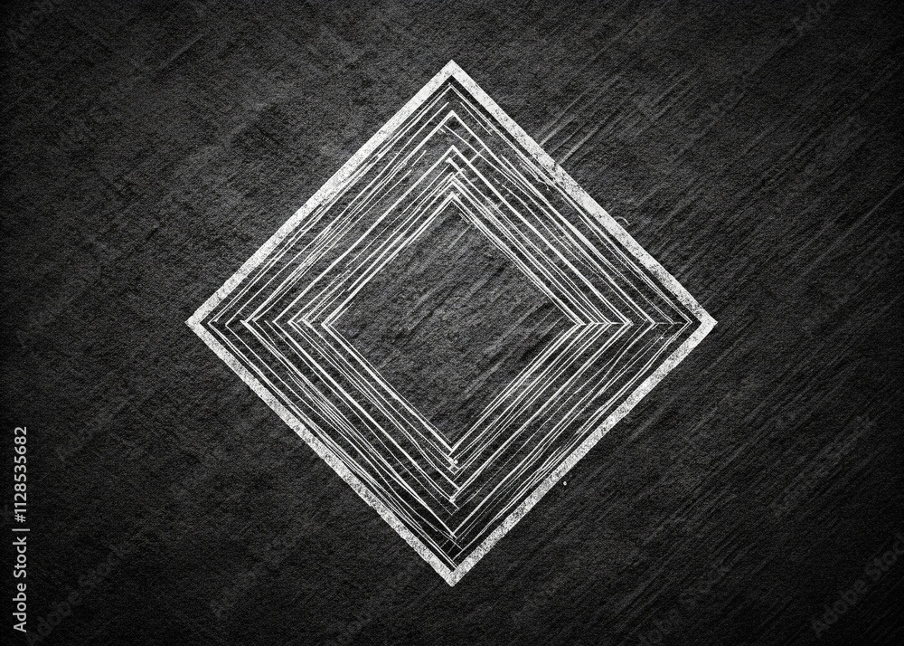 Poster abstract white rhombus design on black background with hand-drawn diagonal grid and grunge lines in 