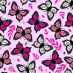 Seamless pattern with pink and white butterflies. Vector graphics.