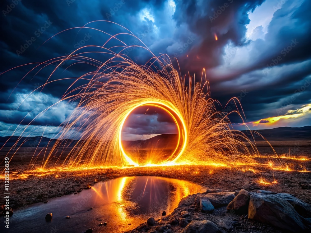 Poster a circular object emitting sparks in a barren landscape under a stormy sky, symbolizing isolation an