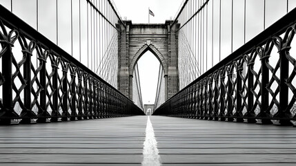 A monochrome view of the Brooklyn Bridge, showcasing its intricate architecture and suspension cables from a low angle perspective.