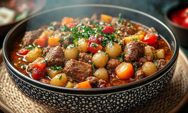 A hearty bowl of stew filled with meat, vegetables, and herbs, perfect for a comforting meal.