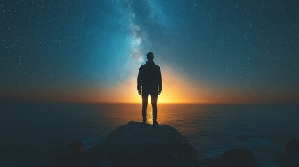 Fototapeta premium silhouette standing at night with starry sky and milky way
