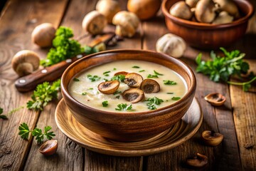 A Close-Up Tilt-Shift Photograph of a Bowl of Rich Mushroom Soup Surrounded by Fresh Ingredients, Capturing the Creamy Texture and Earthy Aroma in a Cozy Kitchen Setting