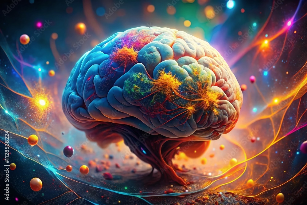 Poster a colorful ai brain with dynamic neuronal connections floating in abstract space, showcasing the int