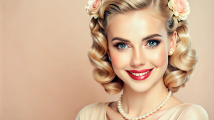 Fototapeta premium Retro portrait of smiling glamorous woman with blonde curls on pastel background
