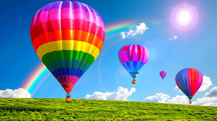 Naklejka premium Colorful hot air balloons floating over a green landscape with a rainbow and bright sky.