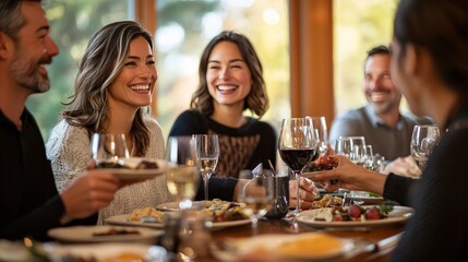 A diverse group of friends enjoying a family dinner in a warmly lit dining room