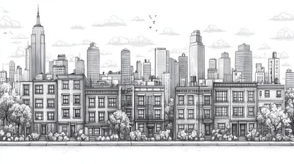 Fototapeta premium skyline of a city rendered in line art a landscape featuring row homes for a post office bakery supermarket and cafe horizontal street panorama illustratio