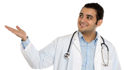 Smiling young male doctor showing and presenting something with hand