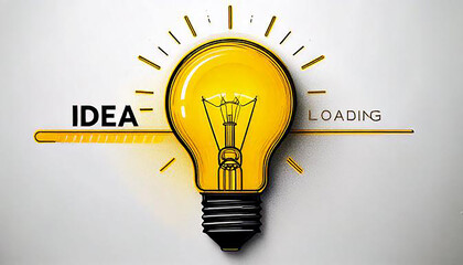 黄色い電球のイラストと「IDEA LOADING」というテキストが描かれています。電球は創造性や新しいアイデアの象徴であり、進行状況を示すバーが表示されています。