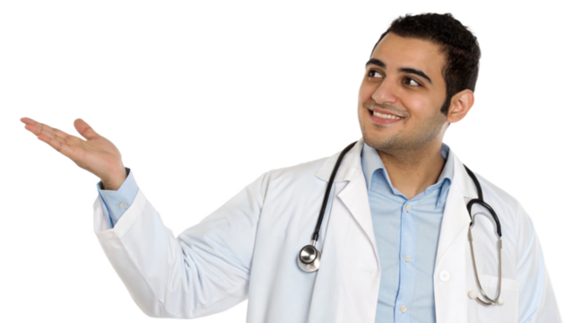 Smiling young male doctor showing and presenting something with hand
