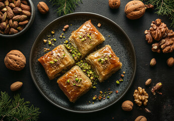 Traditional Turkish baklava with pistachio on dark background