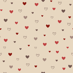 Vector illustration. Seamless pattern of cute hearts in beige, brown, red tones. Valentine's Day design for fabric, wallpaper, textile, wrapping paper, delicate children's background, website banner