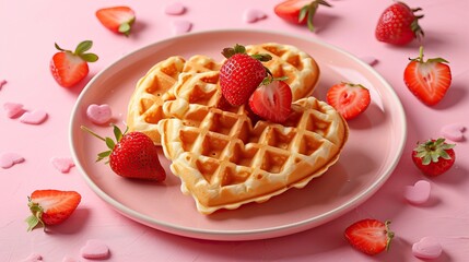Heart-Shaped Waffles with Fresh Strawberries for a Romantic Breakfast