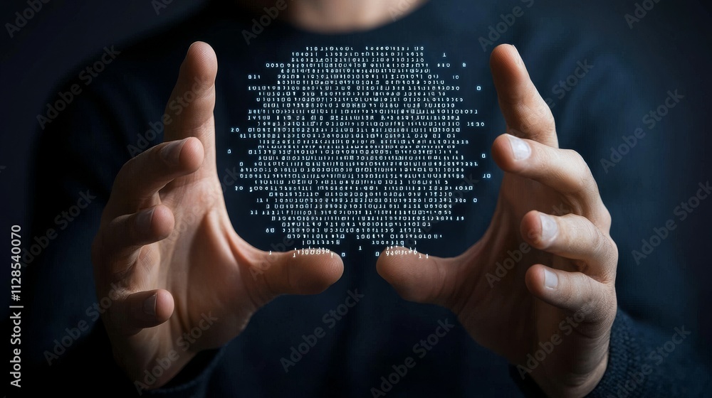 Aufkleber a person holding a holographic display of code, symbolizing technology and data manipulation.