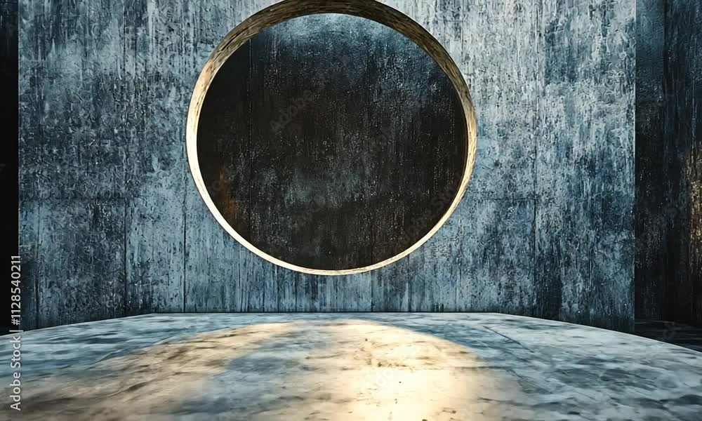 Poster a minimalist scene featuring a circular structure against a textured wall, creating a serene atmosph
