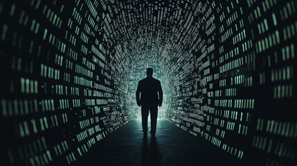 A silhouetted figure stands in a digital tunnel, symbolizing technology and data flow.