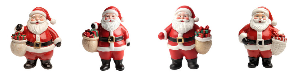 Collection of Jolly Santa Claus Figurines Wearing Traditional Red Costume with Bag of Gifts  Christmas holiday character vintage style collectible  Winter season merry concept
