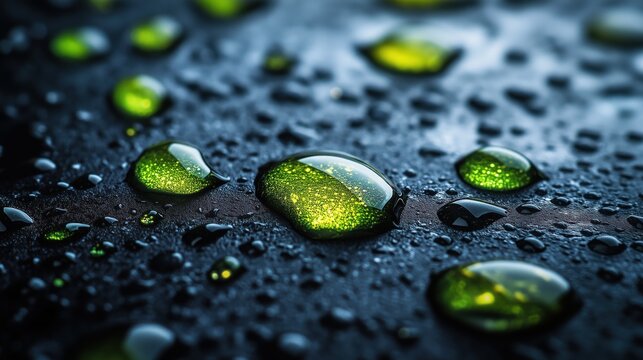 Schimmernde Wassertropfen auf glatter Oberfl&auml;che