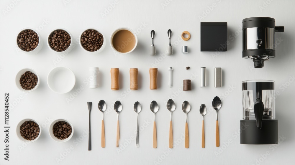 Leinwandbilder Coffee beans are artfully displayed alongside cups, spoons, and a coffee maker, creating an inviting setup for coffee enthusiasts. Generative AI