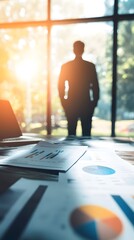 Blurred background of a modern office interior with a laptop and documents on a table, business people working in the blurry backdrop