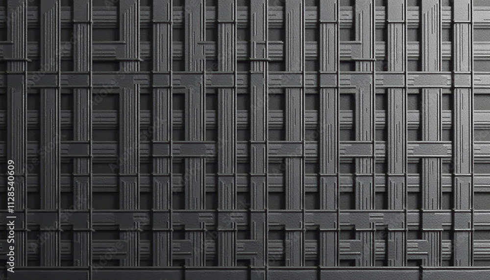 Poster textured geometric grid and lattice patterns in dark tones featuring a black woven design