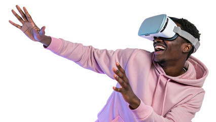 African man in vr glasses, playing video games with virtual reality headset, trying to touch metaverse