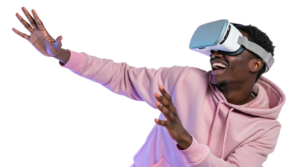 African man in vr glasses, playing video games with virtual reality headset, trying to touch metaverse