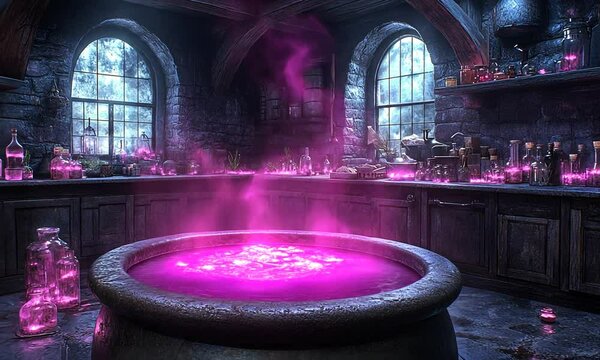A mystical potion brewing in a dimly lit alchemist's workshop.