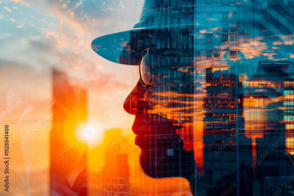 Poster a double exposure of a worker in a helmet with an industrial background generative ai