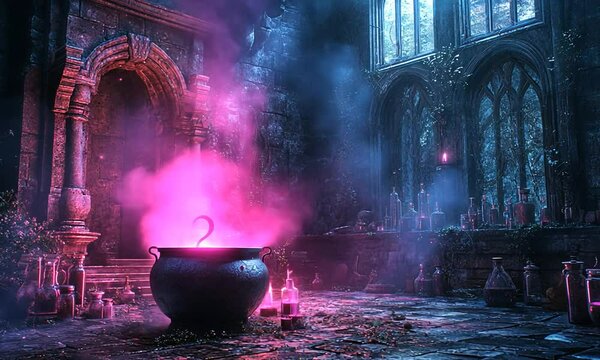A mystical scene with a glowing cauldron surrounded by potions in an ancient, enchanted setting.