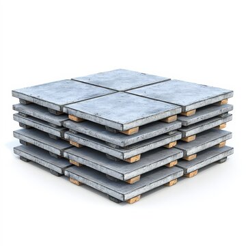 A stack of concrete paving slabs on wooden pallets, ideal for construction, landscaping, or exterior design projects