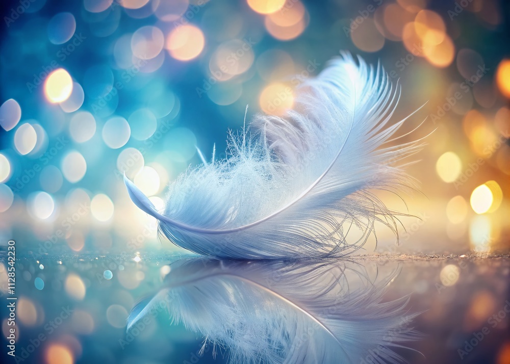 Poster a delicate white feather with soft texture surrounded by a magical bokeh effect highlighting its eth