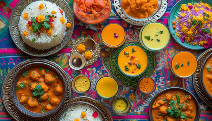 Indian Cuisine Feast, Colorful Dishes & Spices