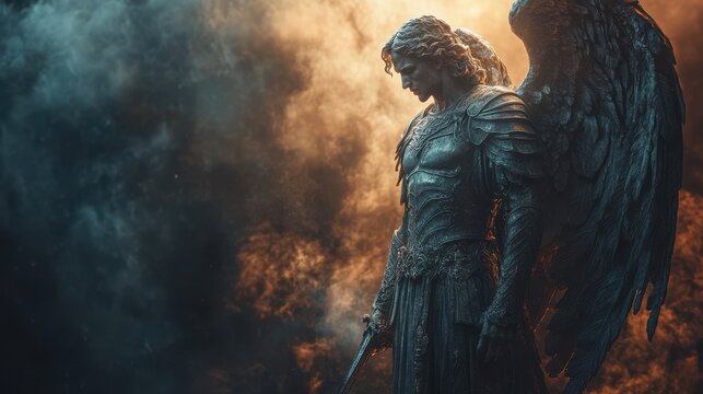 statue of archangel michael with a sword on a dark background