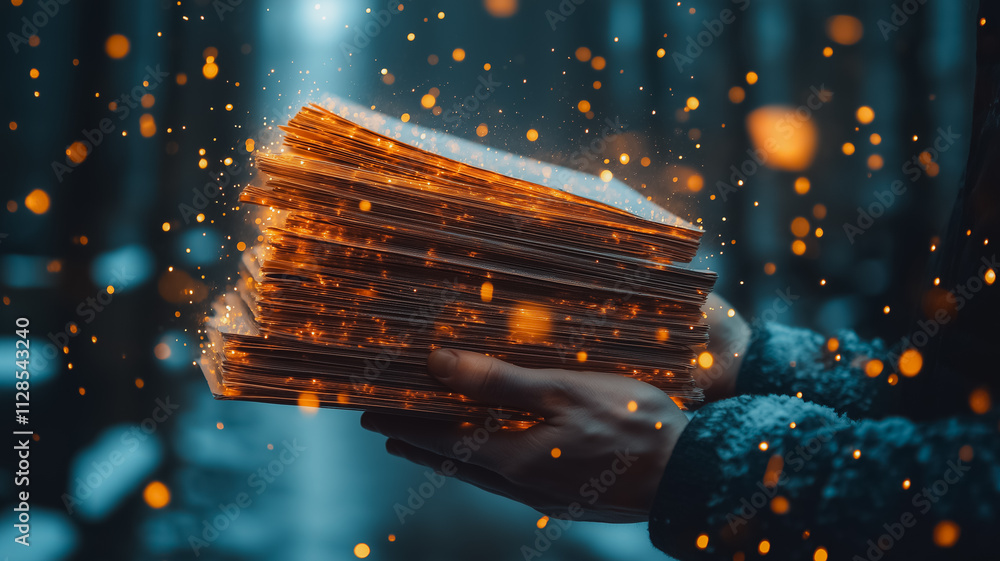 Poster a person is holding a stack of books with a bright orange glow surrounding them. concept of warmth a