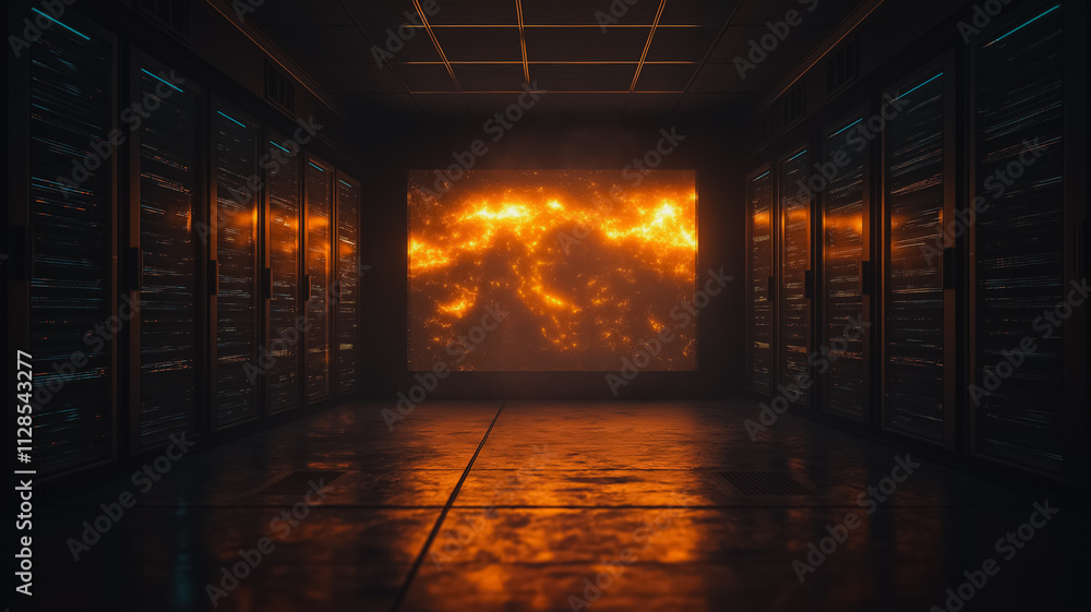 Poster a dark room with a large screen showing a bright orange fire. the room is empty and the fire is the 