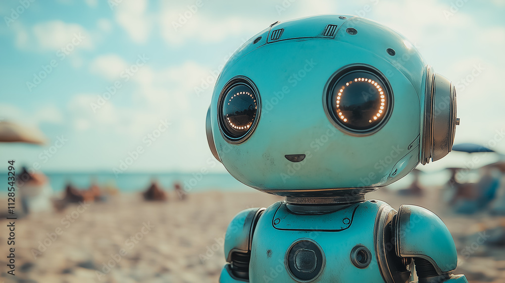 Poster a robot is standing on a beach with a blue and white color. the robot is smiling and looking at the 