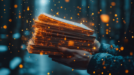 A person is holding a stack of books with a bright orange glow surrounding them. Concept of warmth and comfort, as if the books are a source of light and knowledge