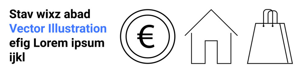 Euro currency symbol inside a circle, simple house outline, and shopping bag icon next to placeholder text. Ideal for finance, real estate, e-commerce, shopping, web design, presentations landing