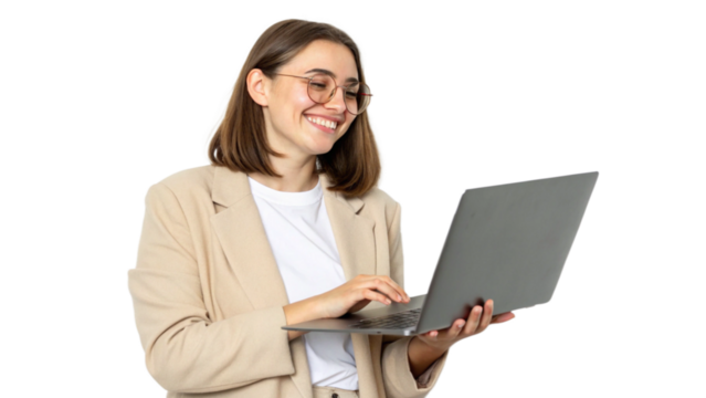 Studio portrait of woman teacher with laptop after classes